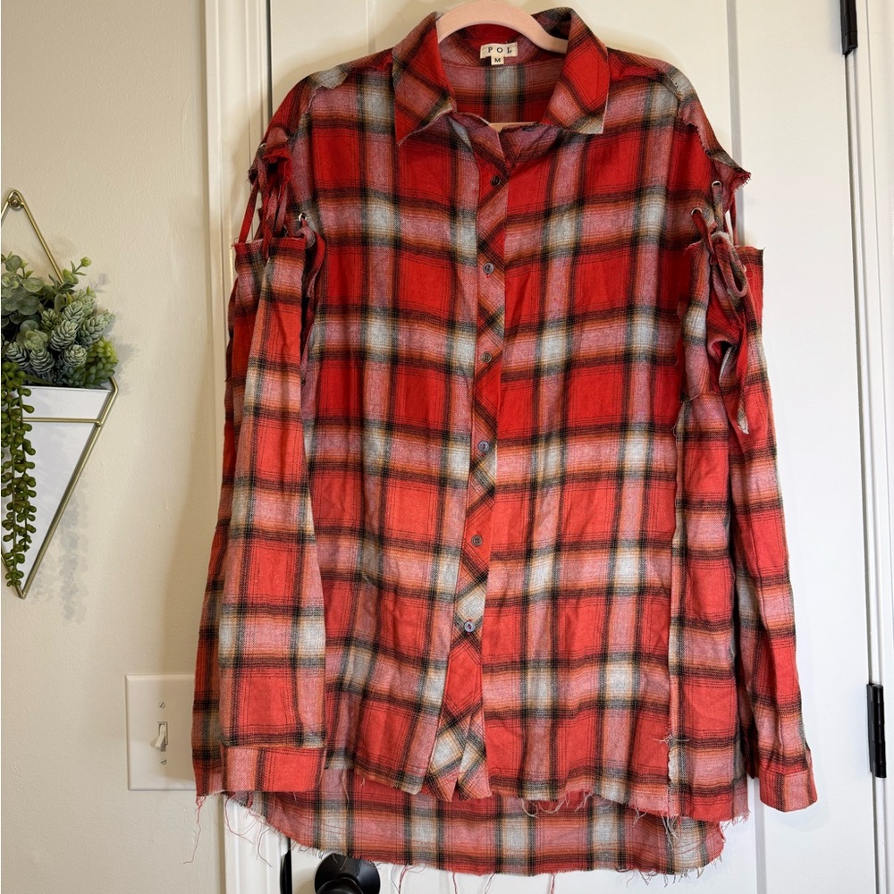 POL Oversized Red Plaid Flannel Tunic Length Top